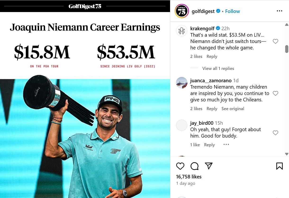 Fans reacting to Niemann's earnings (Image Credit: IG @golfdigest)